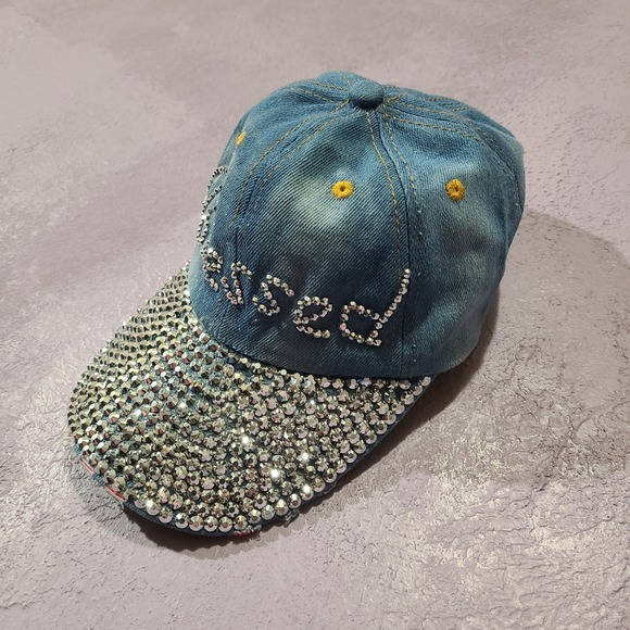 Popfizzy Denim Distressed BLESSED Adjustable Baseball Cap Rhinestone Bling - Picture 2 of 7